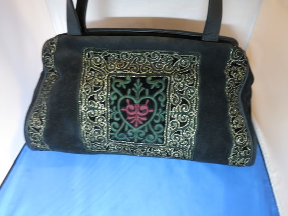 Vintage Picard Shoulder Bag Embroidered Black Sue… - image 1