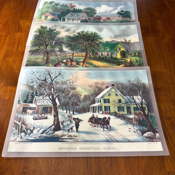 Currier & Ives American Homestead Four Seasons Table Placemats Spring Summer Autumn Winter Reversible Red White Floral