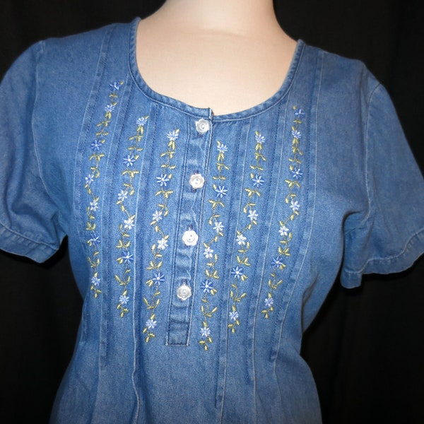 True Blue Casual Sportswear Denim Dress Floral Embroidered Tie Back Size M Tall