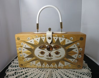 Vintage Enid Collins Sol Celestial Sun Sunburst Wooden Box Purse with Jewels Signed Circa 1966