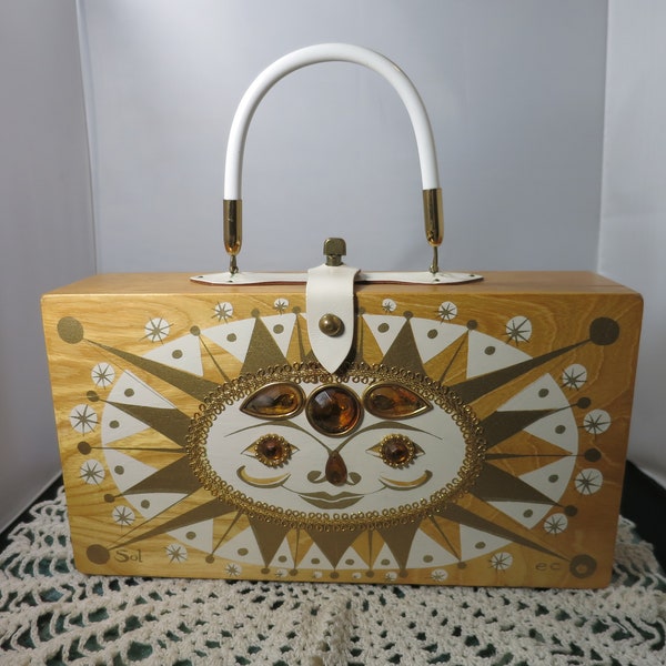 Vintage Enid Collins Sol Celestial Sun Sunburst Wooden Box Purse with Jewels Signed Circa 1966