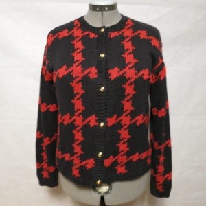 Vintage Talbots Hand Knit Plaid Houndstooth Cardigan Sweater Black Red Size S