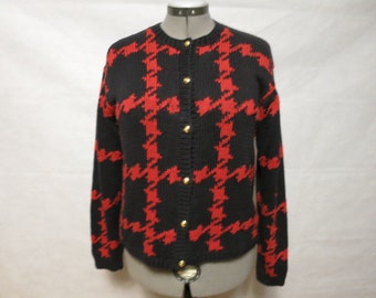 Vintage Talbots tejido a mano a cuadros Houndstooth Cardigan suéter negro rojo tamaño S