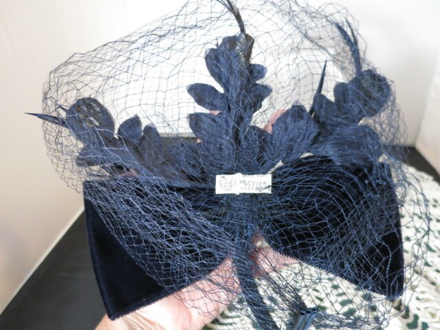 Ladies Navy Hat with Silk Flower & Netting Size 23 Union Made Navy Blue Womens Wool Felt Floral Veil Netting Feather Wide  main image 2
