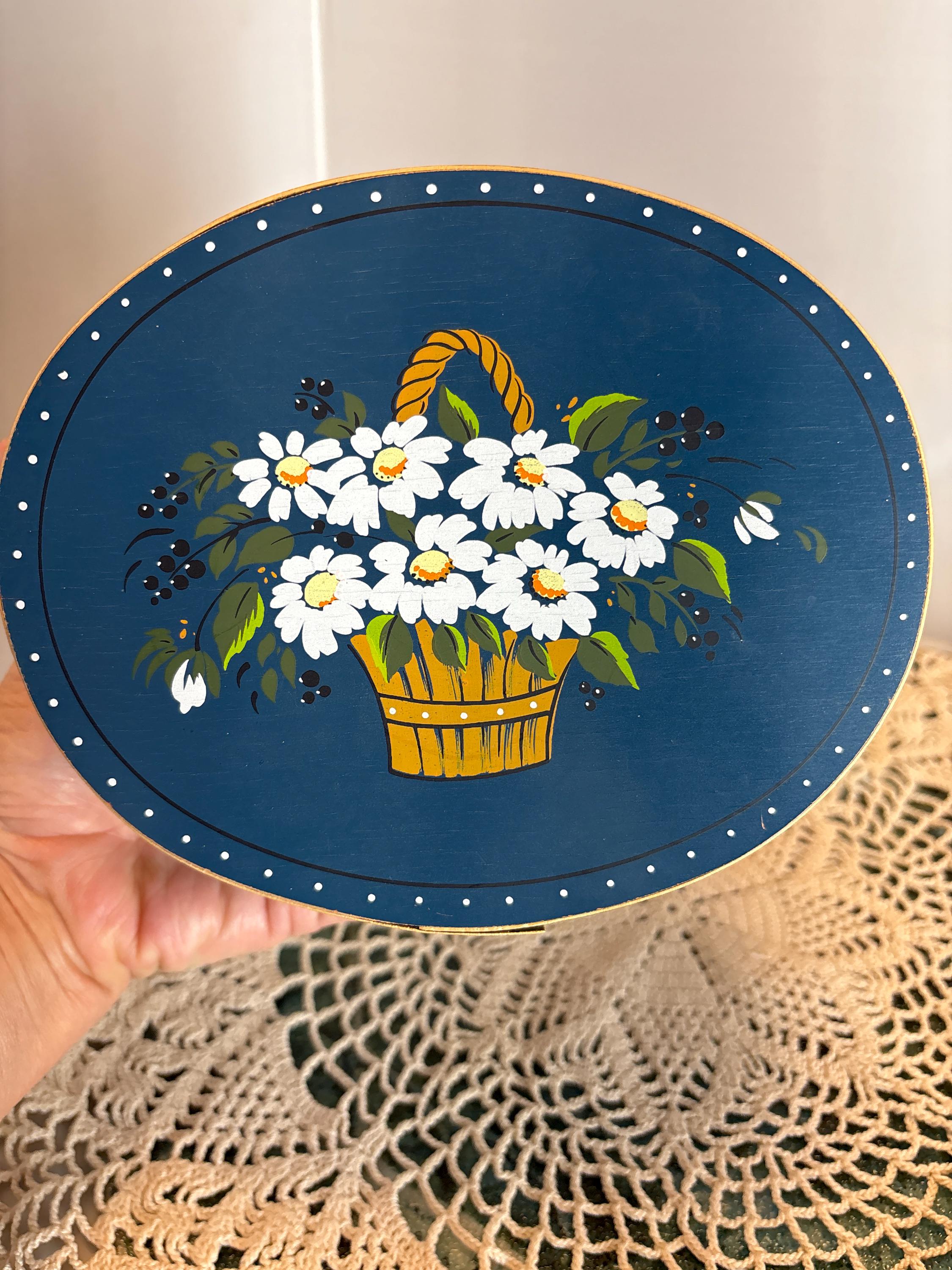 ヴィンテージ 花柄 トールペイント 木製 ダストボックス 2個セット 1983 Beverly Baker Splint Wood Box Hand Painted Daisies and