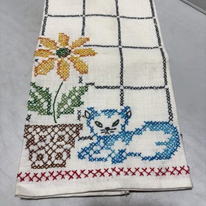Cat Floral Embroidered Linen Kitchen Towel Tea Towel MCM