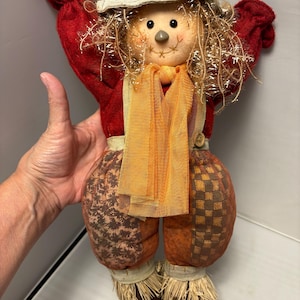 May include: A plush scarecrow doll with a straw hat, straw hair, and an orange scarf. The scarecrow has a stitched face with button eyes and a carrot nose. Its arms are red, and its patchwork pants are brown and orange.