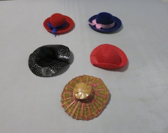 Vintage Doll Hat Group listing red and blue flocked hats, woven straw hat,  red felt hat and vinyl