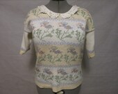 Vintage Knit Pullover Sweater: Eyelet Crochet Collar, Floral Stripe Motif