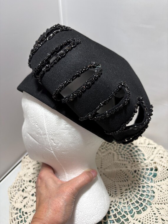 Women's Beret Hat by Fannette Hats Black Fur Felt with Vertical Peak Hole Beaded details best guess size L see measurements View 2