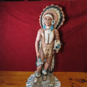Vintage Indian Chief Ceramic Statue Height 34 3/4 inches unmarked maker unknown best guess circa late 1960s early 1970s
