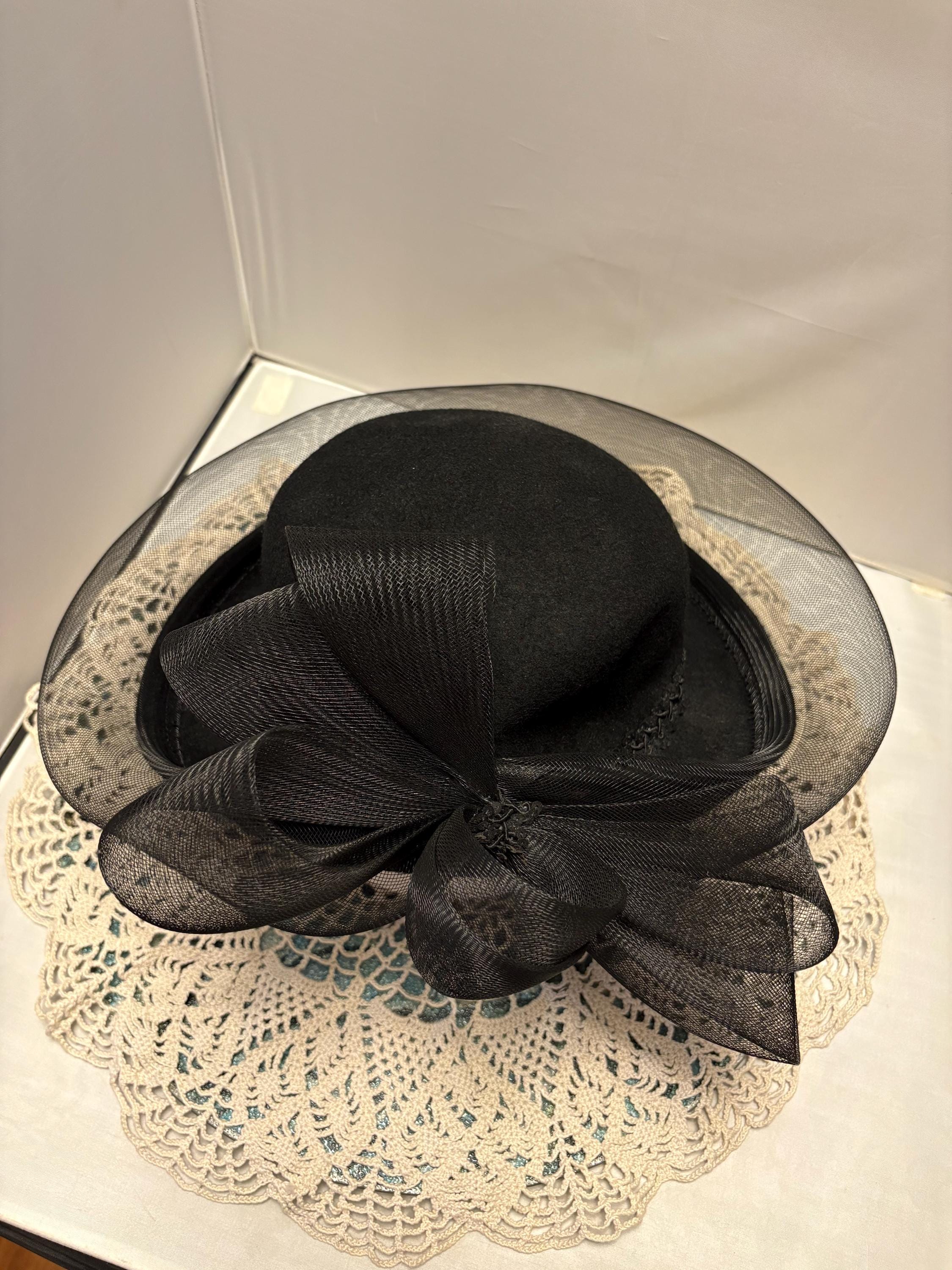 KaKy Co Brim Felt Hat w/Black & Silver Bow Black Felt up Brim Hat With Net Bow, Sequins & Lace - Etsy main image 4