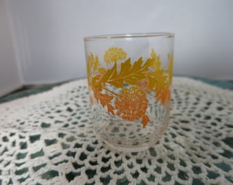 Vintage Juice Glass Libbey Glass Dandelion Flower and Leaves Pattern in Yellow and Orange on clear