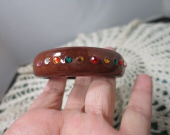 Vintage Wooden Bangle Bracelet with Crystals