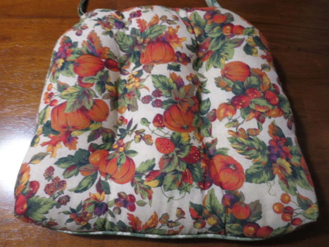 Vintage Chair Cushion With Ties Fruit Pumpkin Strawberry Blackberry
