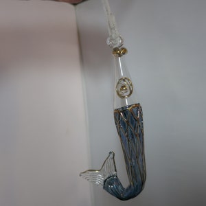 Vintage Blown Glass Fish Ornament Blue and Clear with gold trim Suncatcher