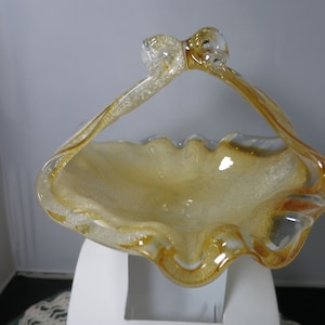 Art Glass Basket White Stretch Bubble Yellow and Clear case mid century unique