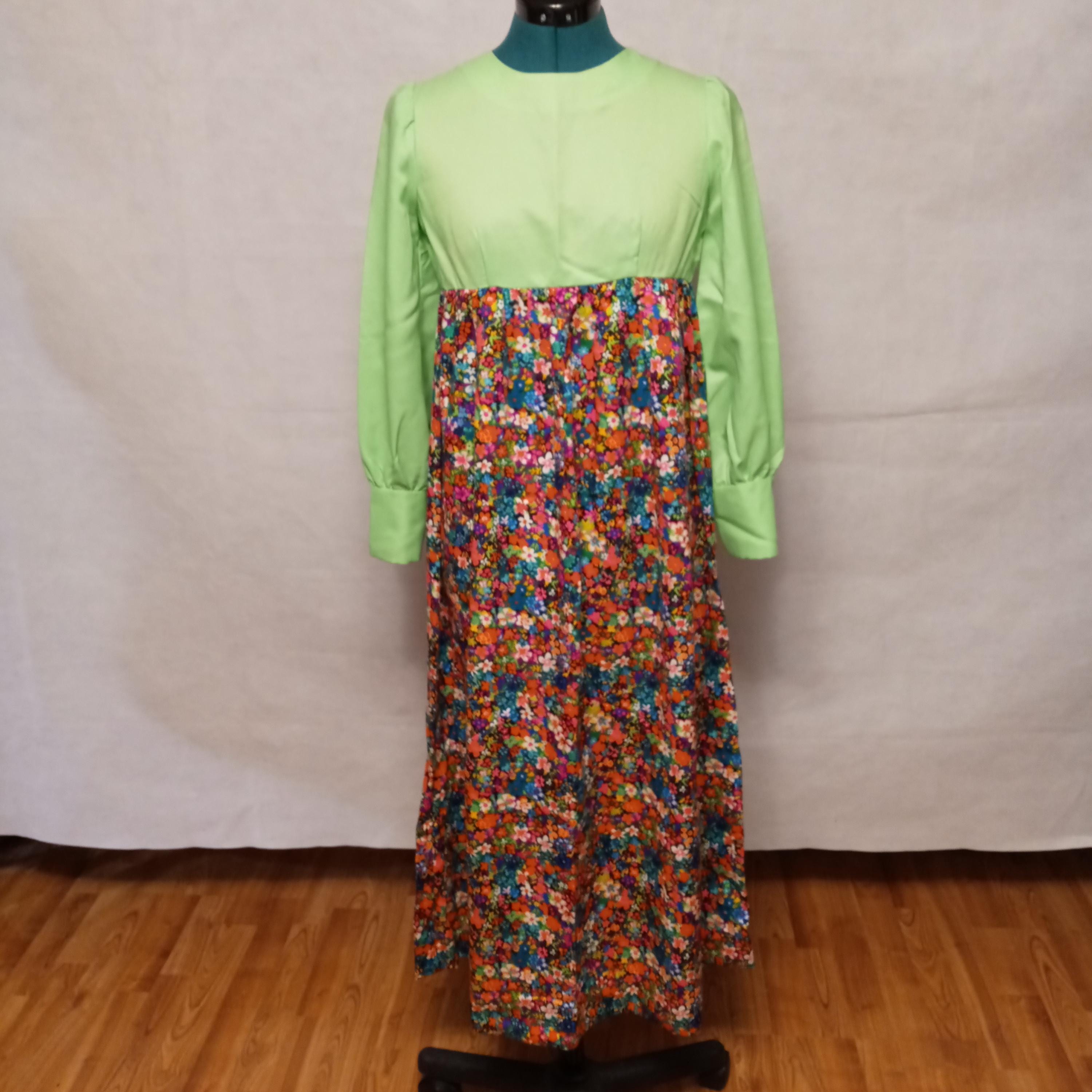 Handmade Vintage Dress Solid Green Bodice and Sleeves Empire Waistline with Floral Print Skirt Miss size M
