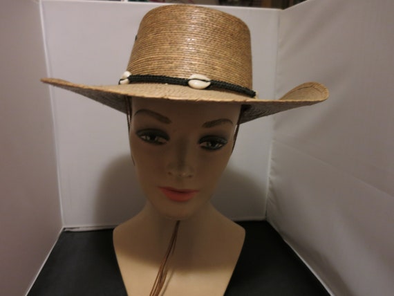 Vintage Straw hat wide brim braided shell trimmed… - image 1