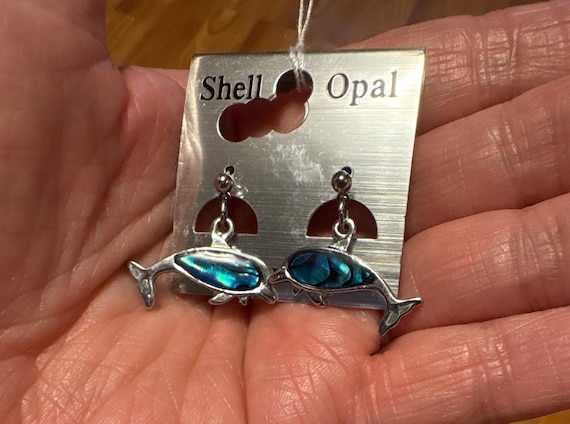Dolphin Shell Opal Dangle Drop Post Earrings - image 1