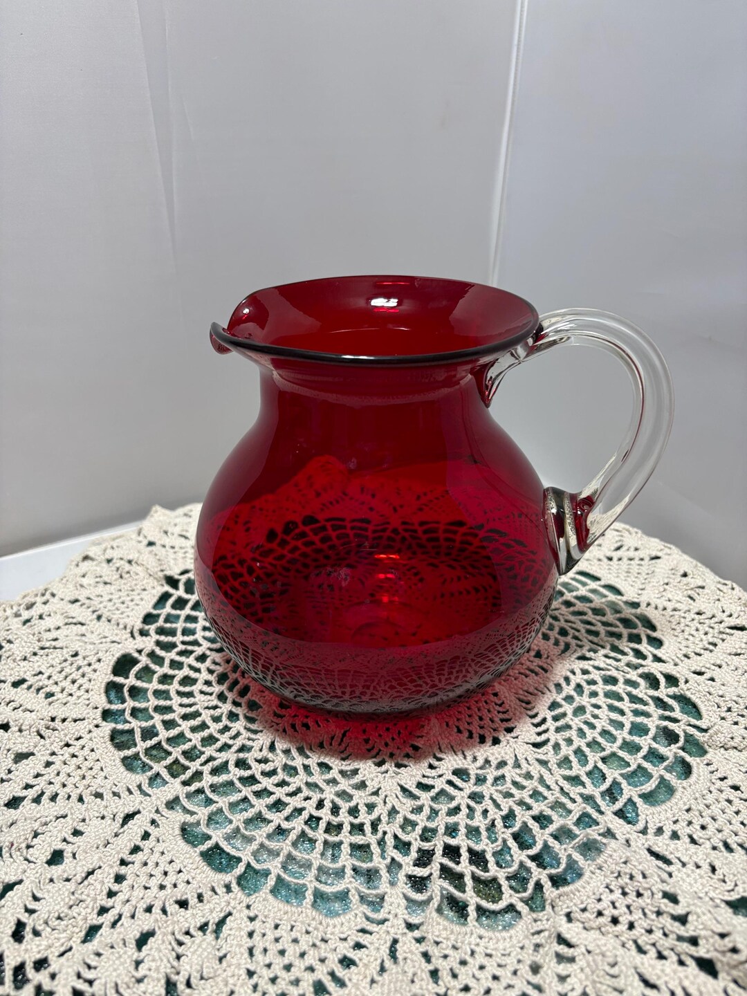 Ruby Pitcher Ruby Red Blown Glass Pitcher With Clear Applied Handle Hold 2QT 64 ...