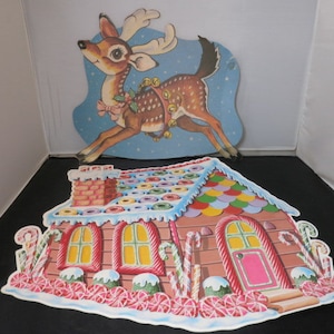 Adornos navideños vintage de cartón recortado de doble cara: casa de jengibre y reno, alrededor de los años 80