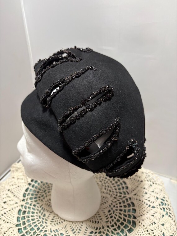 Women's Beret Hat by Fannette Hats Black Fur Felt with Vertical Peak Hole Beaded details best guess size L see measurements View 3