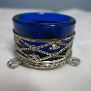 Vintage Cobalt Blue Silver Footed Salt Cellar