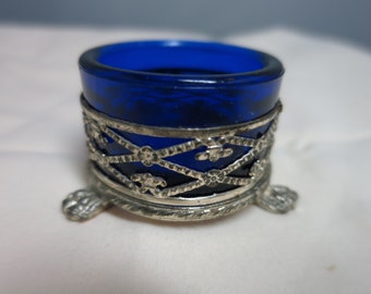 Vintage Cobalt Blue Silver Footed Salt Cellar