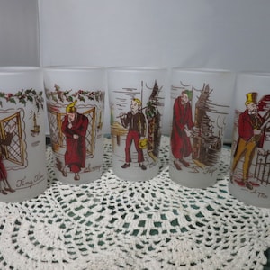 Vintage Federal Glass Charles Dickens Mrożony szklany kubek Wybór listy Tiny Tim lub Scrooge lub Oliver Twist Fagin Pan Micawber