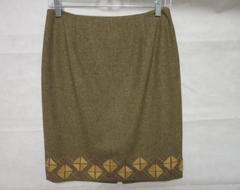Vintage Ann Taylor Loft lined Skirt with Geometric Trim Size 4 shades of brown red yellow