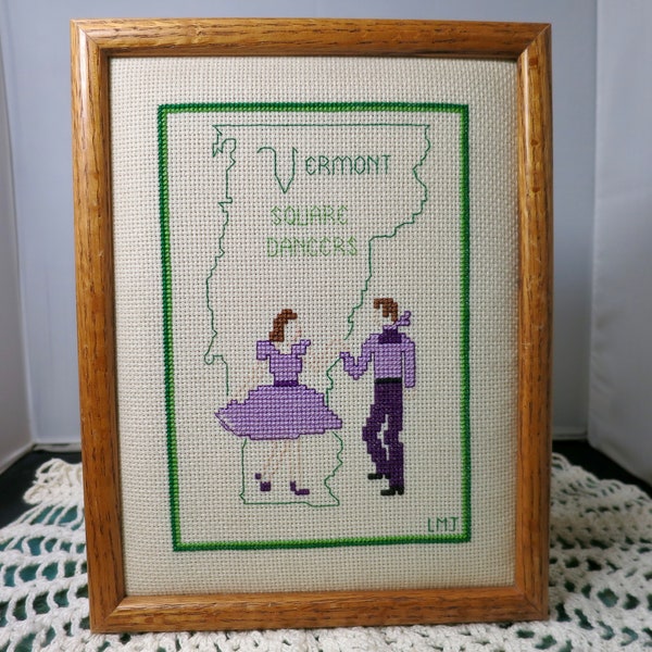Vintage Embroidered Vermont Art Vermont State Square Dancers Embroidered Framed Wall Hanging  1987 8 X 10