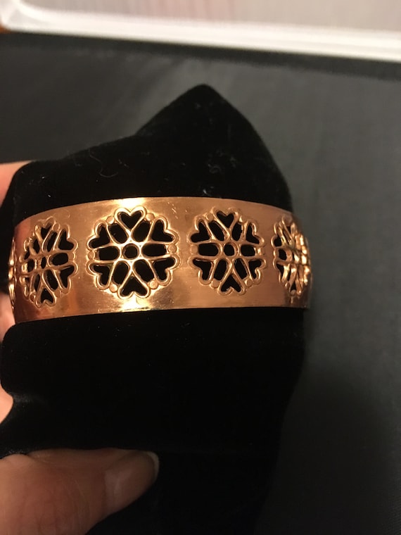 Vintage Copper Heart Cuff Bracelet Snowflake Hear… - image 1