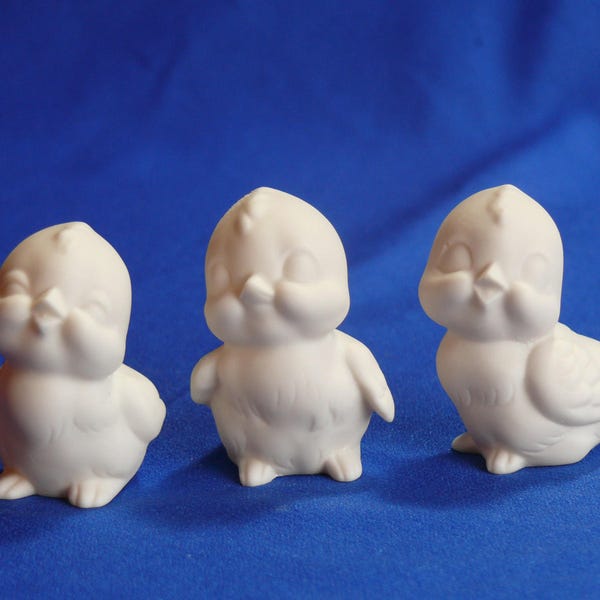 Easter chicks -- three small cute figurines in porcelain bisque ceramic ready to paint