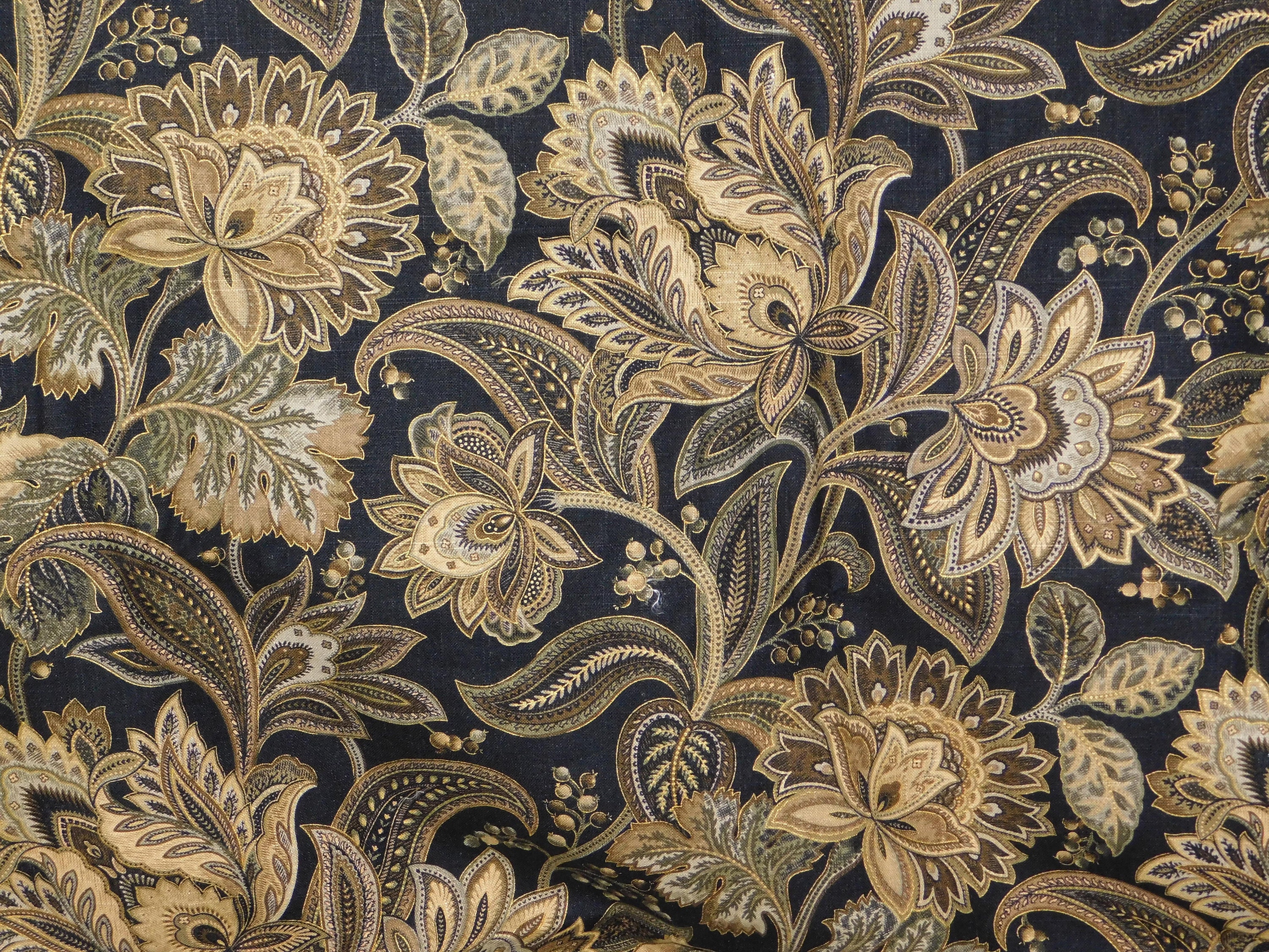 Black Jacobean Floral Fabric: Gold Metallic Details, 54" Wide Remnant ...