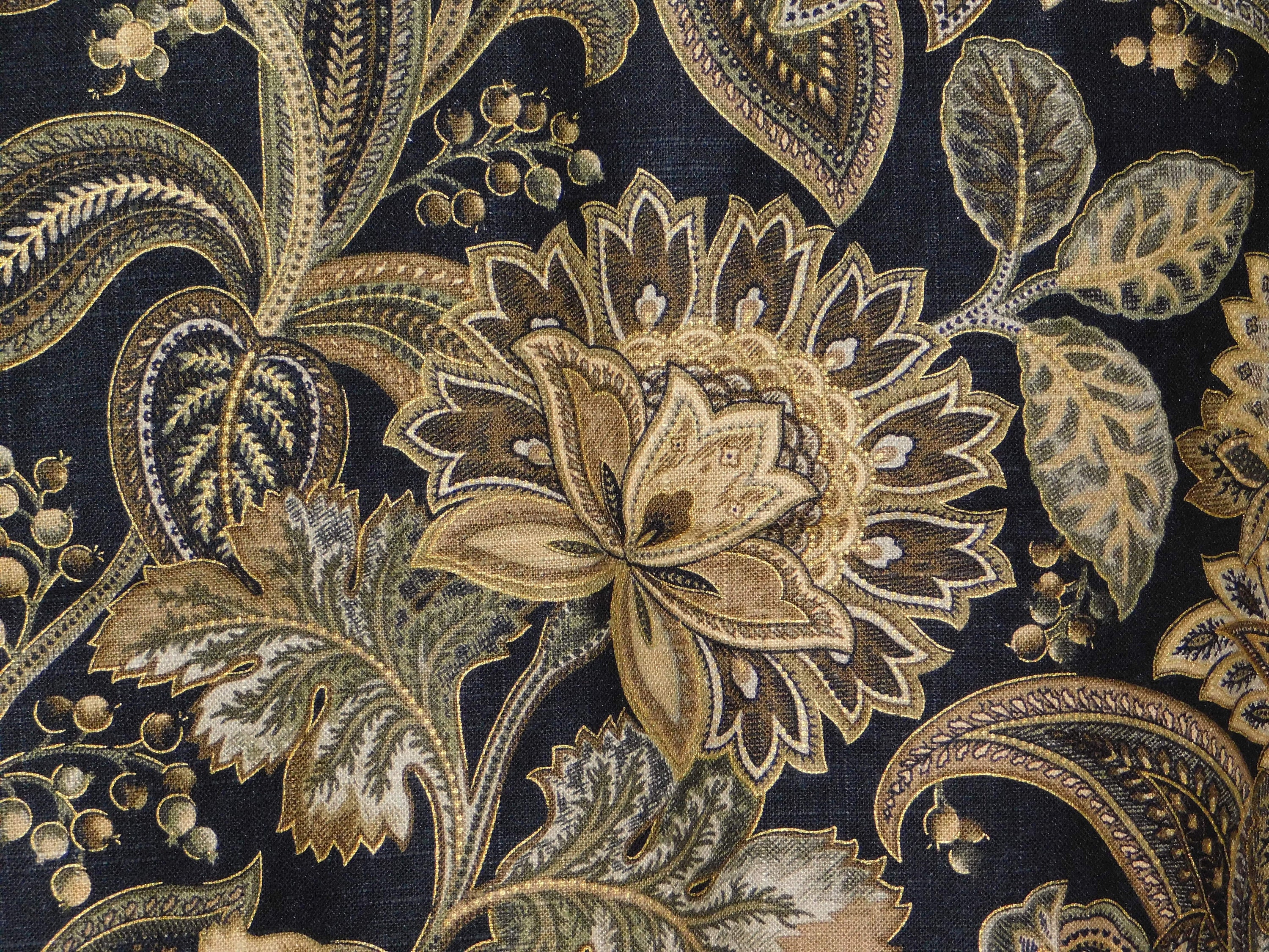 Black Jacobean Floral Fabric: Gold Metallic Details, 54" Wide Remnant ...