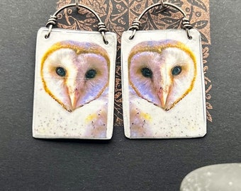Owl Art Earrings/ Art to Wear Earrings/Up-Cycled Jewelry/ Eco-Friendly Jewelry/ Barn Owl Earrings