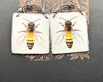 Honeybee Earrings/Up-cycled Earrings/Art to Wear Earrings/ Eco-Friendly Jewelry