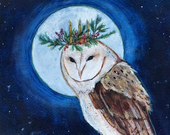 The Wisdom of Winter Stillness,Owl Art Print, Giclee, Solstice Art
