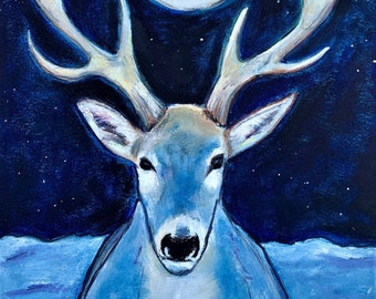 Long WInter Night, White Stag Solstice Card, Holiday card, Christmas Card,Winter night peace, 4 card pack