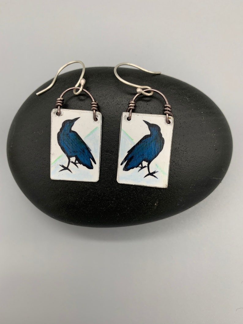 Raven Earrings One of a Kind Earring Hand Painted Crow Earrings Raven Jewelry image 1