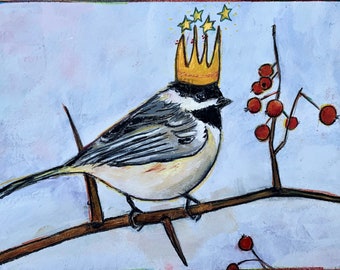 Chickadee-dee-dee card, winter holiday card, Winter Solstice Card, Bird art card,