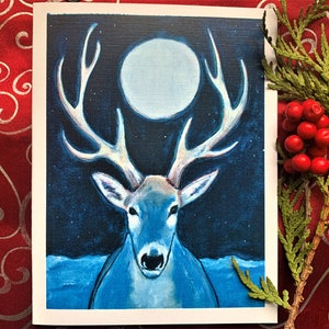 Long WInter Night, White Stag Solstice Card, Holiday card, Christmas Card,Winter night peace, 4 card pack image 2