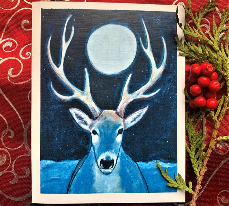 Long WInter Night, White Stag Solstice Card, Holiday card, Christmas Card,Winter night peace, 4 card pack image 2