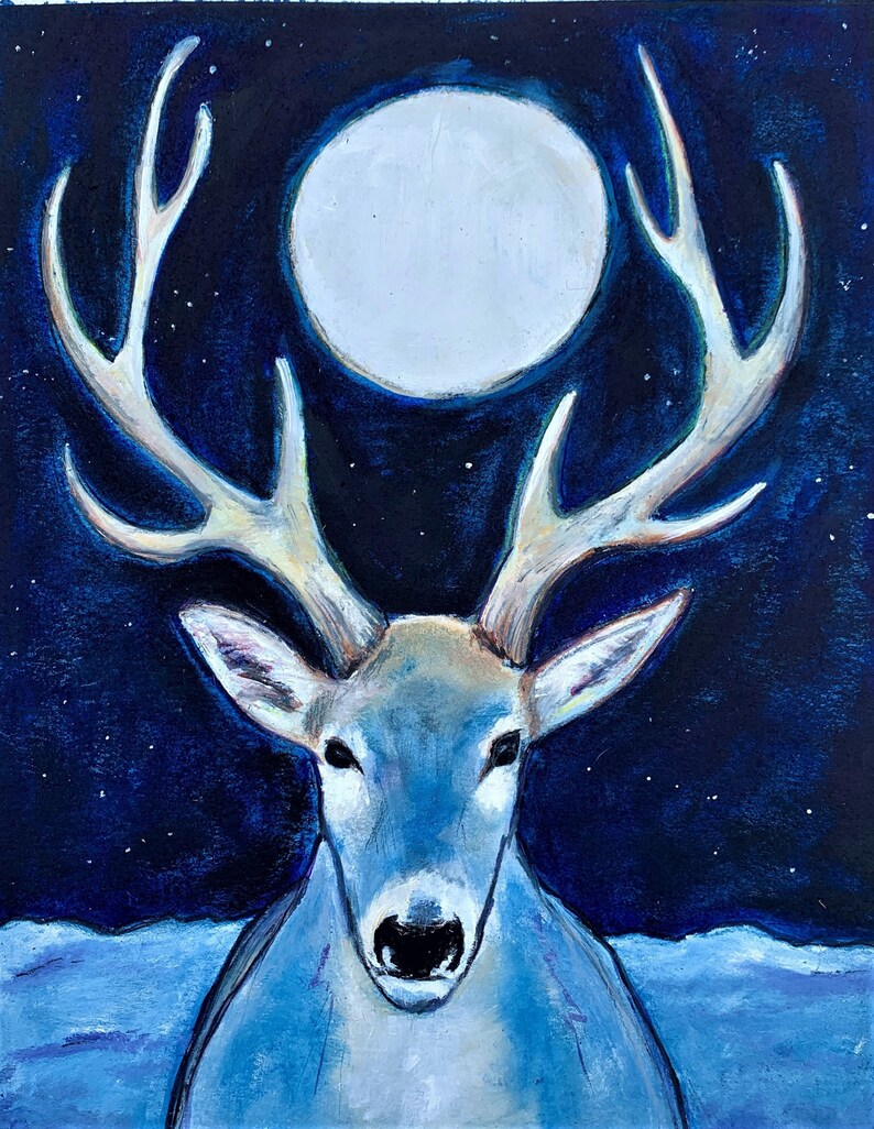 Long WInter Night, White Stag Solstice Card, Holiday card, Christmas Card,Winter night peace, 4 card pack image 1