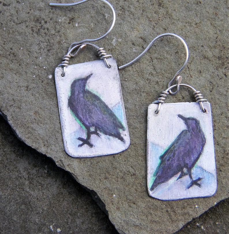 Raven Earrings One of a Kind Earring Hand Painted Crow Earrings Raven Jewelry image 5