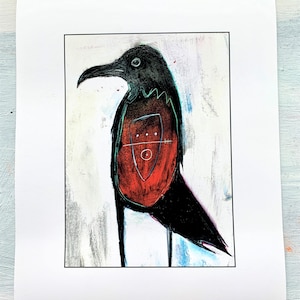 May include: A black crow illustration with a red chest and a white and blue background. The crow has a long beak and is standing on two thin legs. The artwork is on a white paper with a black border.