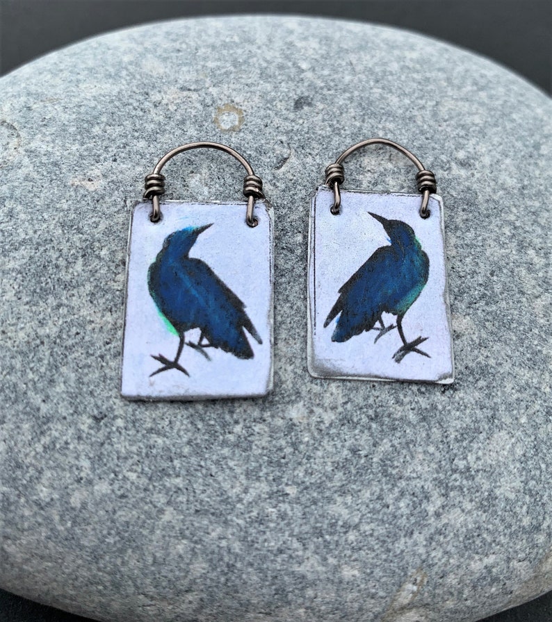 Raven Earrings One of a Kind Earring Hand Painted Crow Earrings Raven Jewelry image 2