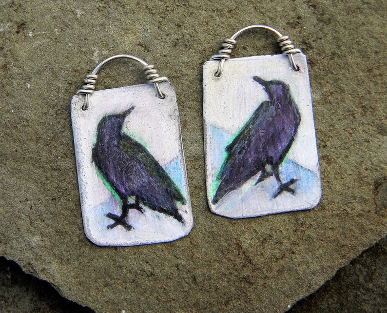 Raven Earrings One of a Kind Earring Hand Painted Crow Earrings Raven Jewelry image 4