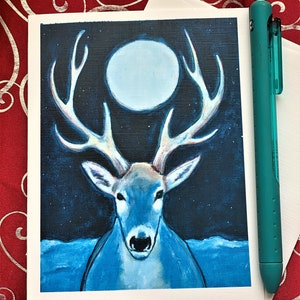 Long WInter Night, White Stag Solstice Card, Holiday card, Christmas Card,Winter night peace, 4 card pack image 4